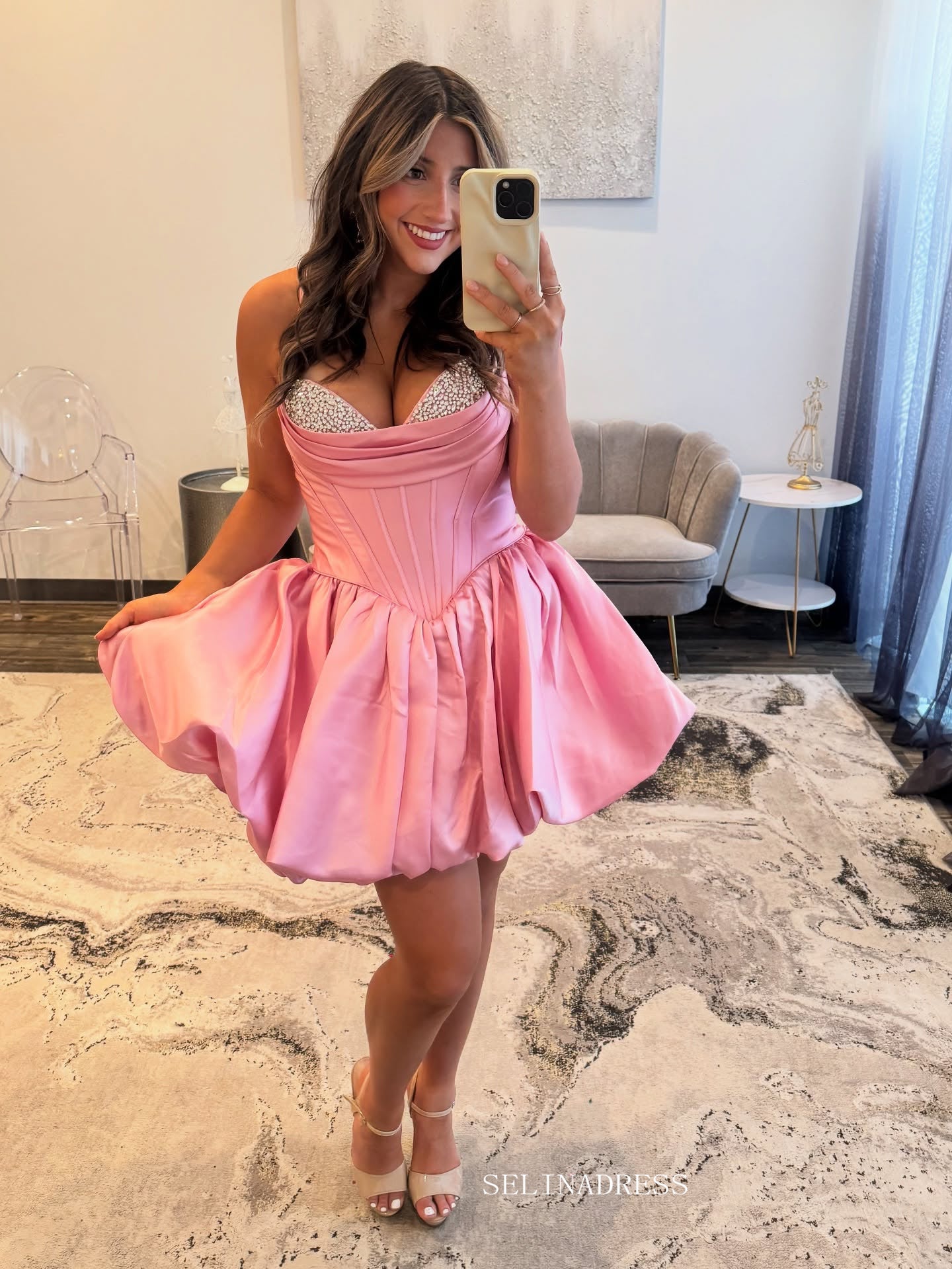A-line V neck Pink Short Prom Dress With Rhinestone Homecoming Dress #TKL604|Selinadress