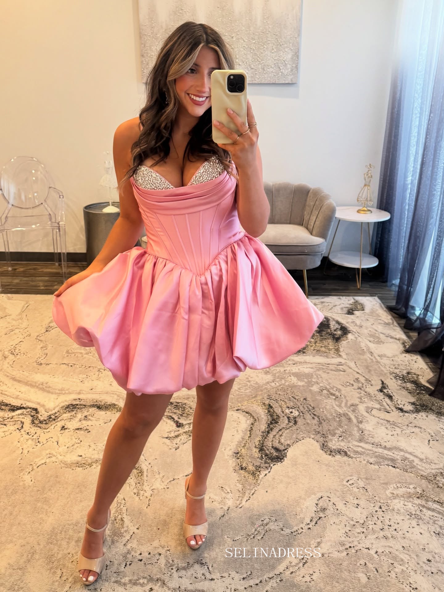 A-line V neck Pink Short Prom Dress With Rhinestone Homecoming Dress #TKL604|Selinadress