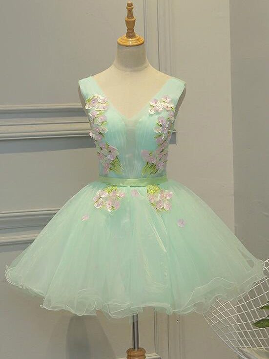 A-line V neck Short Prom Dress Mint Green Flower Homecoming Dress kts078|Selinadress