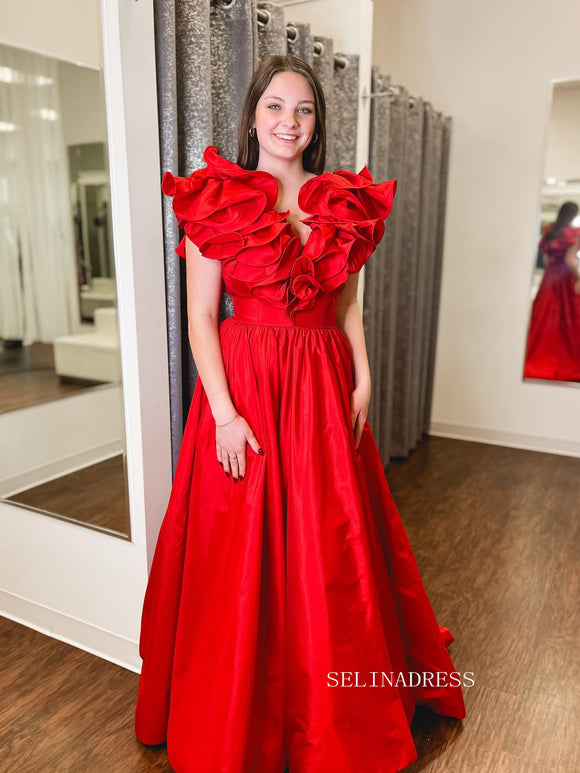 A-line V neck Taffeta Red Long Prom Dress Evening Dress Long Prom Dress SEW1125|Selinadress