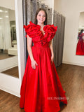 A-line V neck Taffeta Red Long Prom Dress Evening Dress Long Prom Dress SEW1125|Selinadress