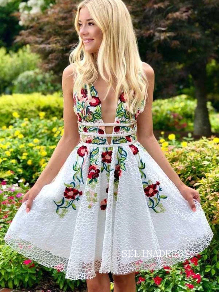 A-line White Short Prom Dress Floral Embroidery Homecoming Dress Sweet – SELINADRESS