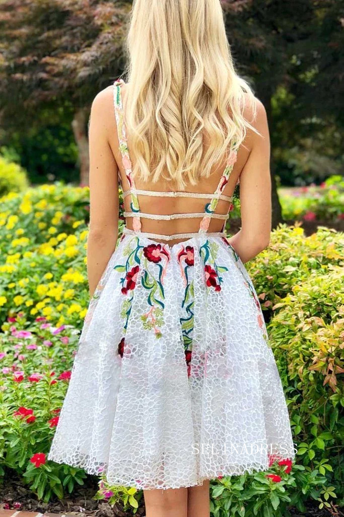 A-line White Short Prom Dress Floral Embroidery Homecoming Dress Sweet – SELINADRESS A-line White Short Prom Dress Floral Embroidery Homecoming Dress Sweet – SELINADRESS