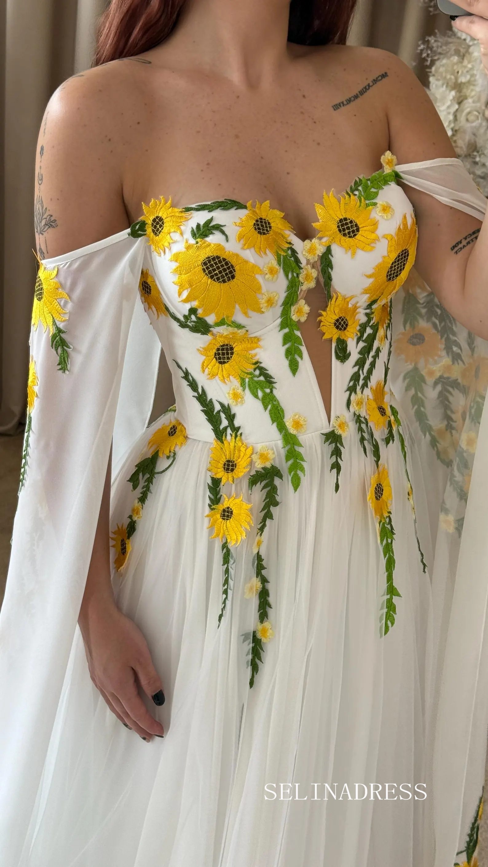 A-line Yellow Sunflower Wedding Dress Boho Off Shoulder Gown Floral Embroidered Bridal Dress TKL811|Selinadress