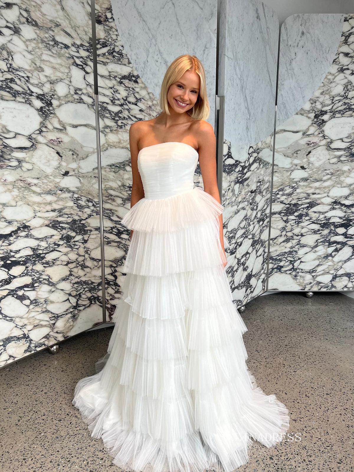 A-line Strapless White Wedding Dresses Gorgeous Frill Layered Gown SEA SELINADRESS A-line Strapless White Wedding Dresses Gorgeous Frill Layered Gown SEA SELINADRESS