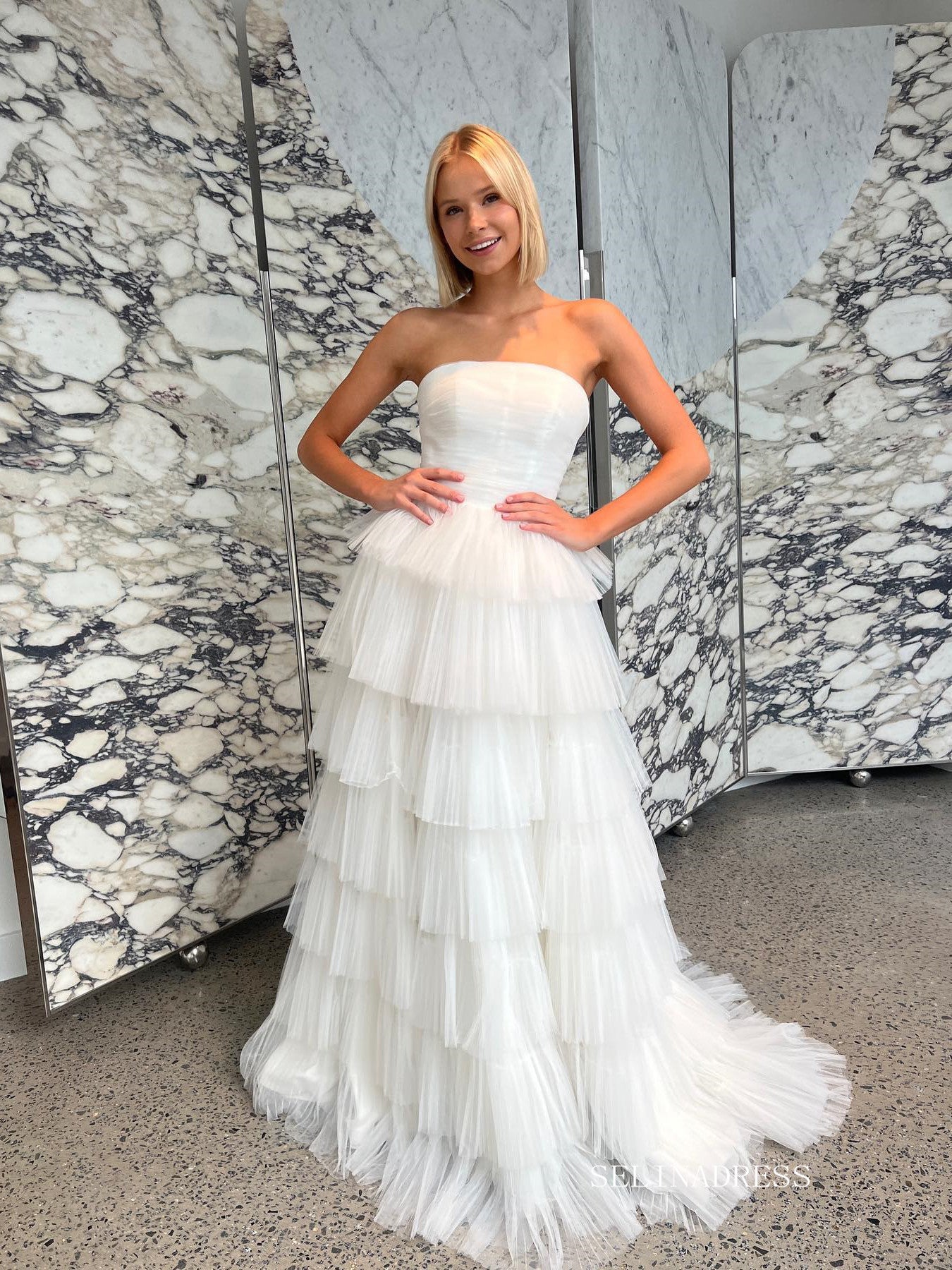 A-line Strapless White Wedding Dresses Gorgeous Frill Layered Gown SEA SELINADRESS A-line Strapless White Wedding Dresses Gorgeous Frill Layered Gown SEA SELINADRESS