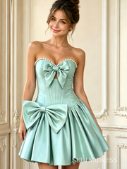 Aqua A-line Strapless Satin Ruched Bow Homecoming Dress TTL002|Selinadress