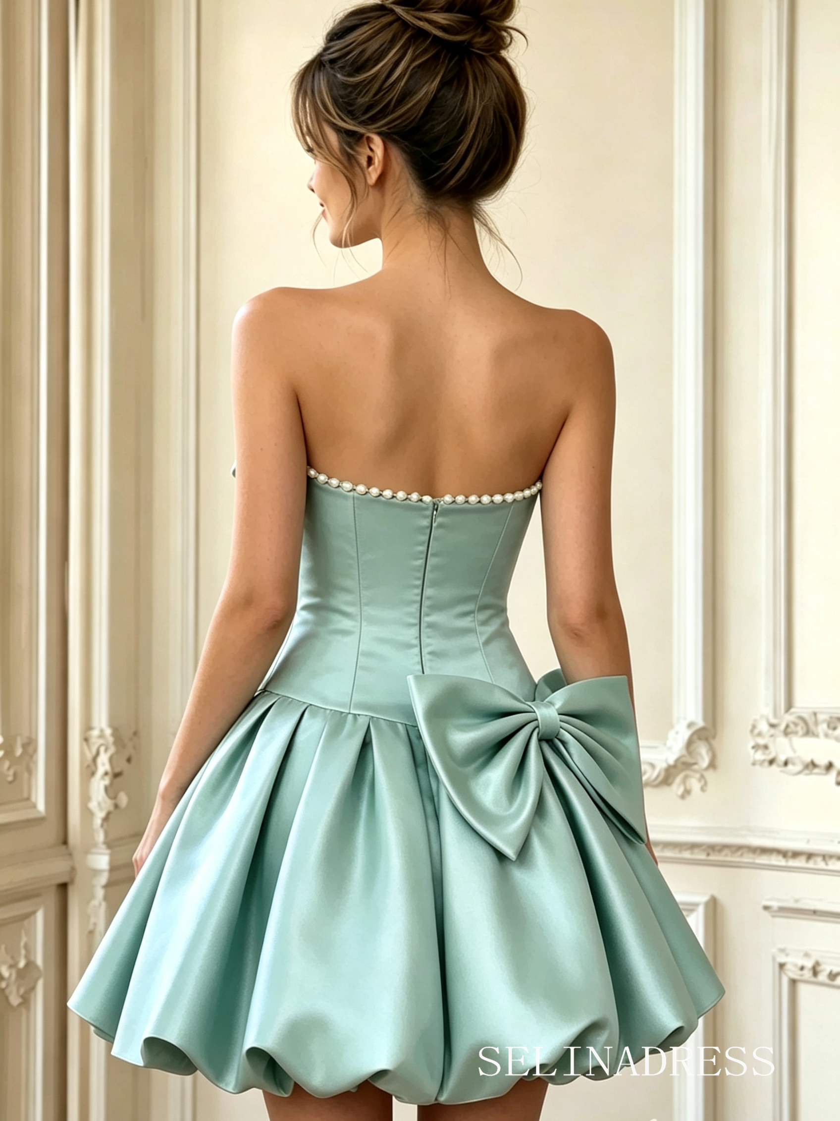 Aqua A-line Strapless Satin Ruched Bow Homecoming Dress TTL002|Selinadress