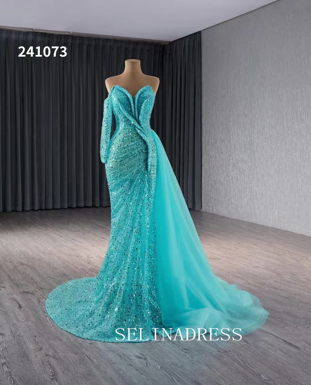 Aqua Blue Beaded Mermaid Wedding Dresses Overskirt Prom Dress with Sli SELINADRESS Aqua Blue Beaded Mermaid Wedding Dresses Overskirt Prom Dress with Sli SELINADRESS