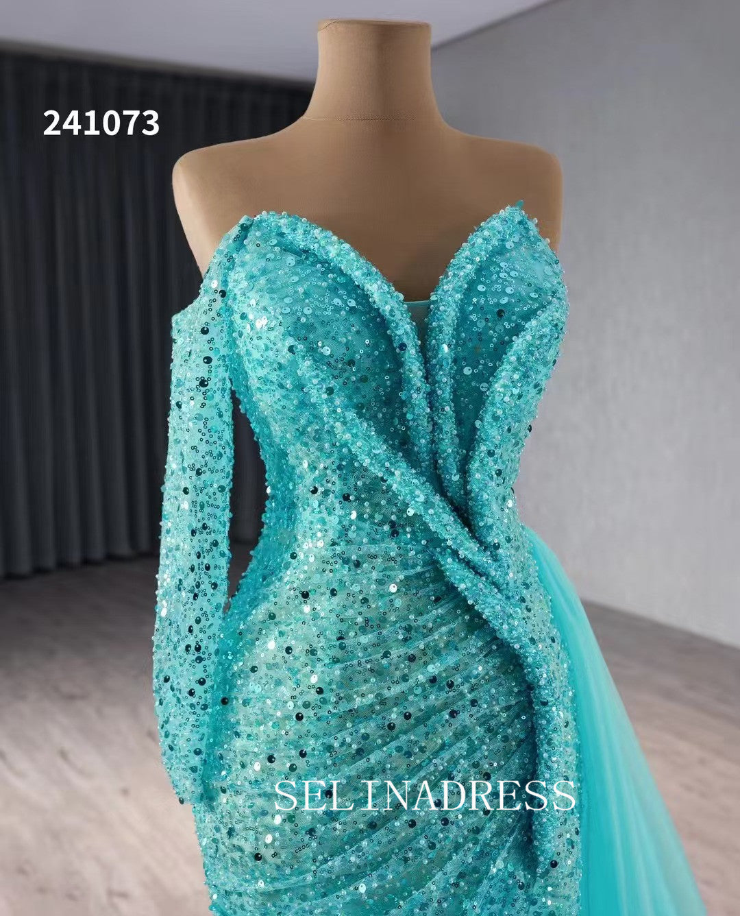 Aqua Blue Beaded Mermaid Wedding Dresses Overskirt Prom Dress with Slit 241073 Aqua Blue Beaded Mermaid Wedding Dresses Overskirt Prom Dress with Slit 241073