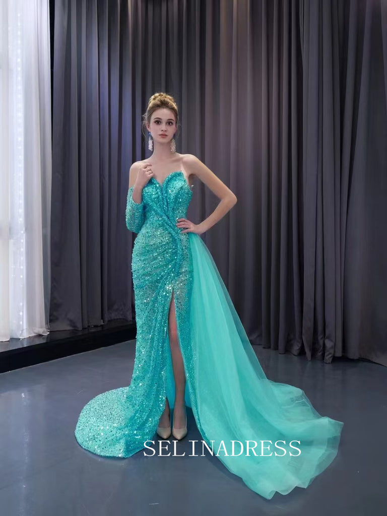 Aqua Blue Beaded Mermaid Wedding Dresses Overskirt Prom Dress with Sli – SELINADRESS