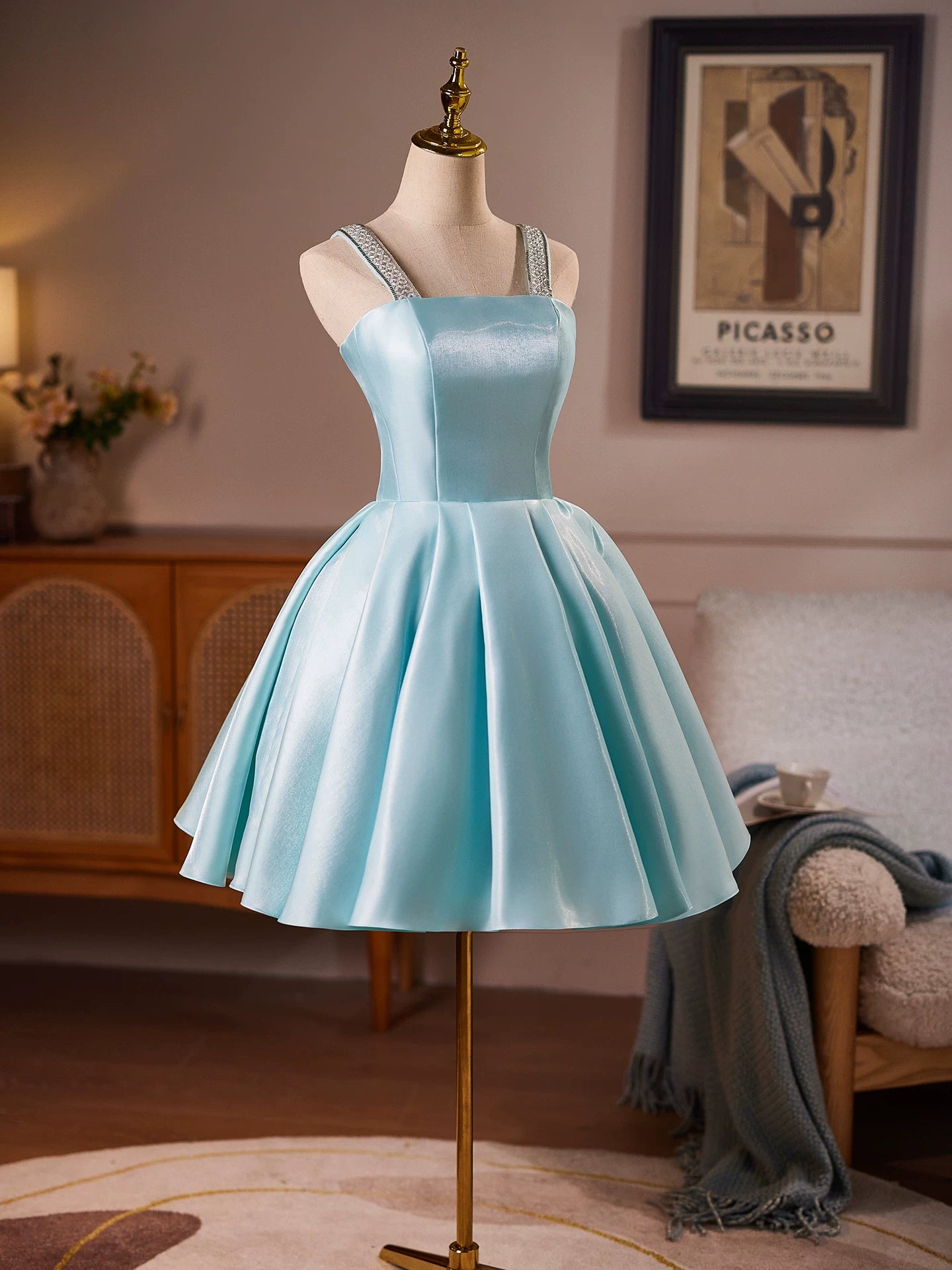 Aqua Blue Diamond-Embellished Suspender Mini Skirt Homecoming Dresses TYL060|Selinadress