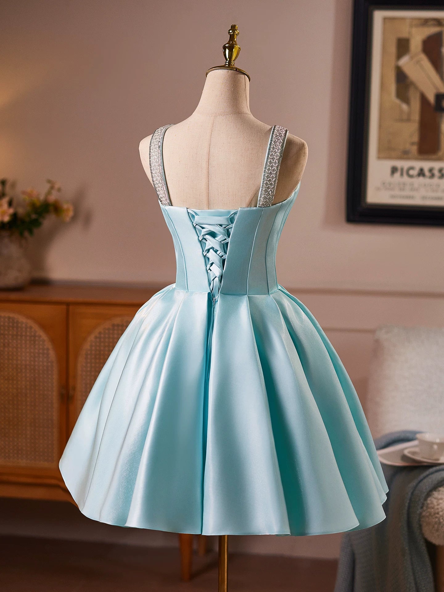 Aqua Blue Diamond-Embellished Suspender Mini Skirt Homecoming Dresses TYL060|Selinadress