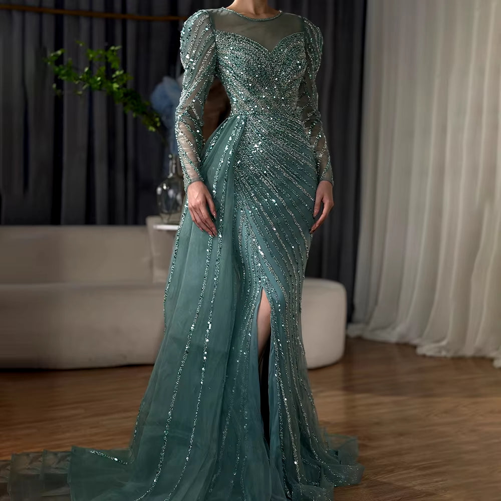Arabic Turquoise Mermaid Beaded Split Luxury Dubai Long Evening Dresse SELINADRESS Arabic Turquoise Mermaid Beaded Split Luxury Dubai Long Evening Dresse SELINADRESS