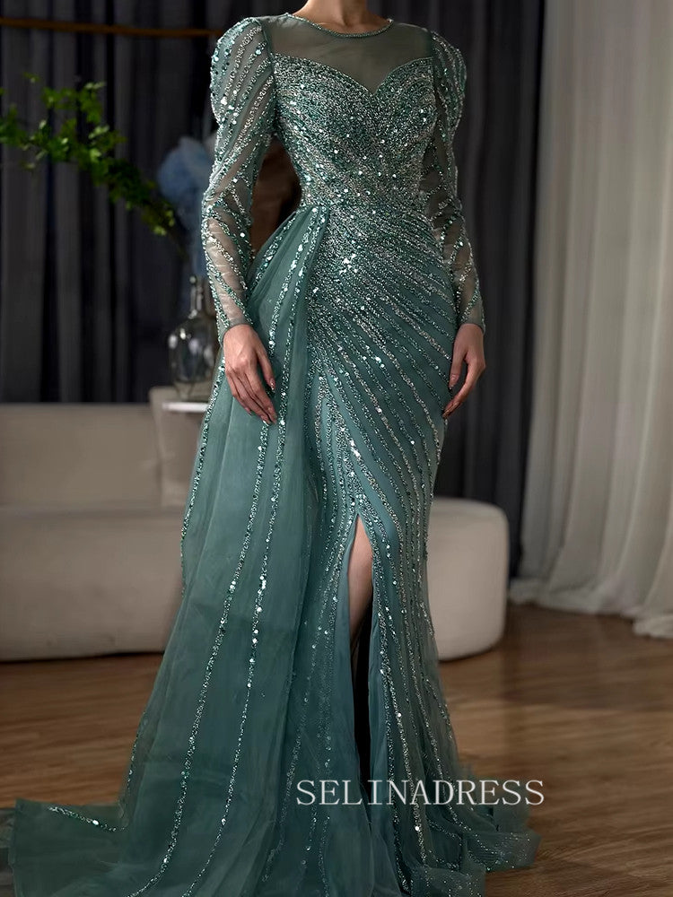 Arabic Turquoise Mermaid Beaded Split Luxury Dubai Long Evening Dresses Gowns for Women Wedding Party ALI009 - Us Size 2 / Turquoise Arabic Turquoise Mermaid Beaded Split Luxury Dubai Long Evening Dresses Gowns for Women Wedding Party ALI009 - Us Size 2 / Turquoise