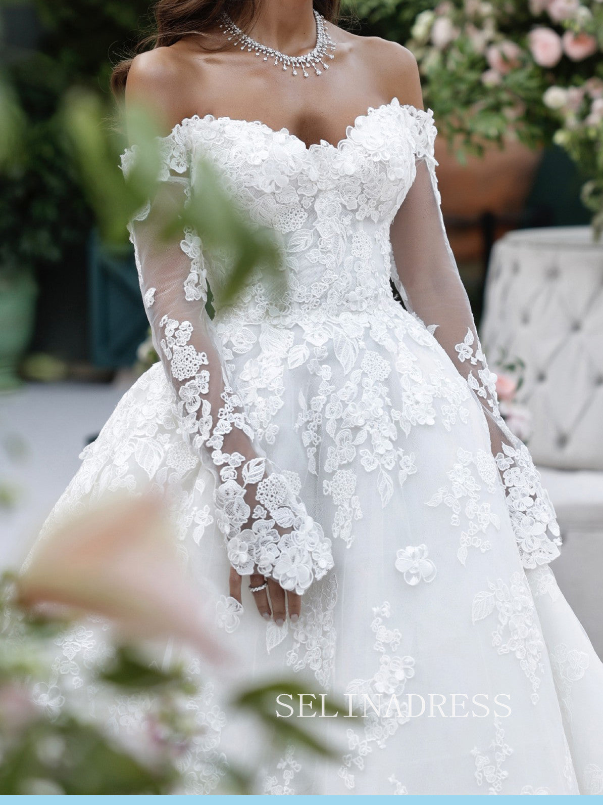 Ball Gown Off the shoulder Long Sleeve White Wedding Dress Applique La SELINADRESS Ball Gown Off the shoulder Long Sleeve White Wedding Dress Applique La SELINADRESS