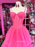 Spaghetti Straps Hot Pink Ball Gown Tiered Tulle Long Prom Dress SEW1250|Selinadress