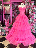 Spaghetti Straps Hot Pink Ball Gown Tiered Tulle Long Prom Dress SEW1250|Selinadress