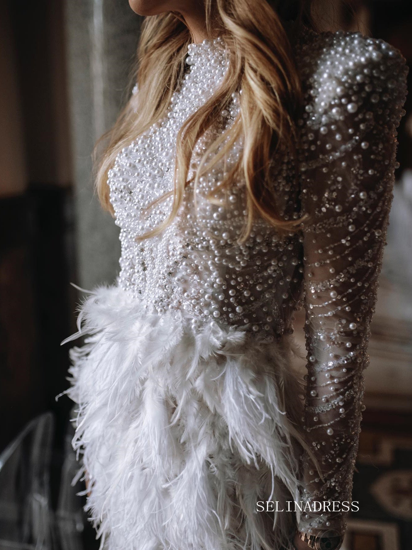 Beaded Long Sleeve Wedding Dresses Feather High Slit Stunning Bridal Dresses LKO002 Beaded Long Sleeve Wedding Dresses Feather High Slit Stunning Bridal Dresses LKO002