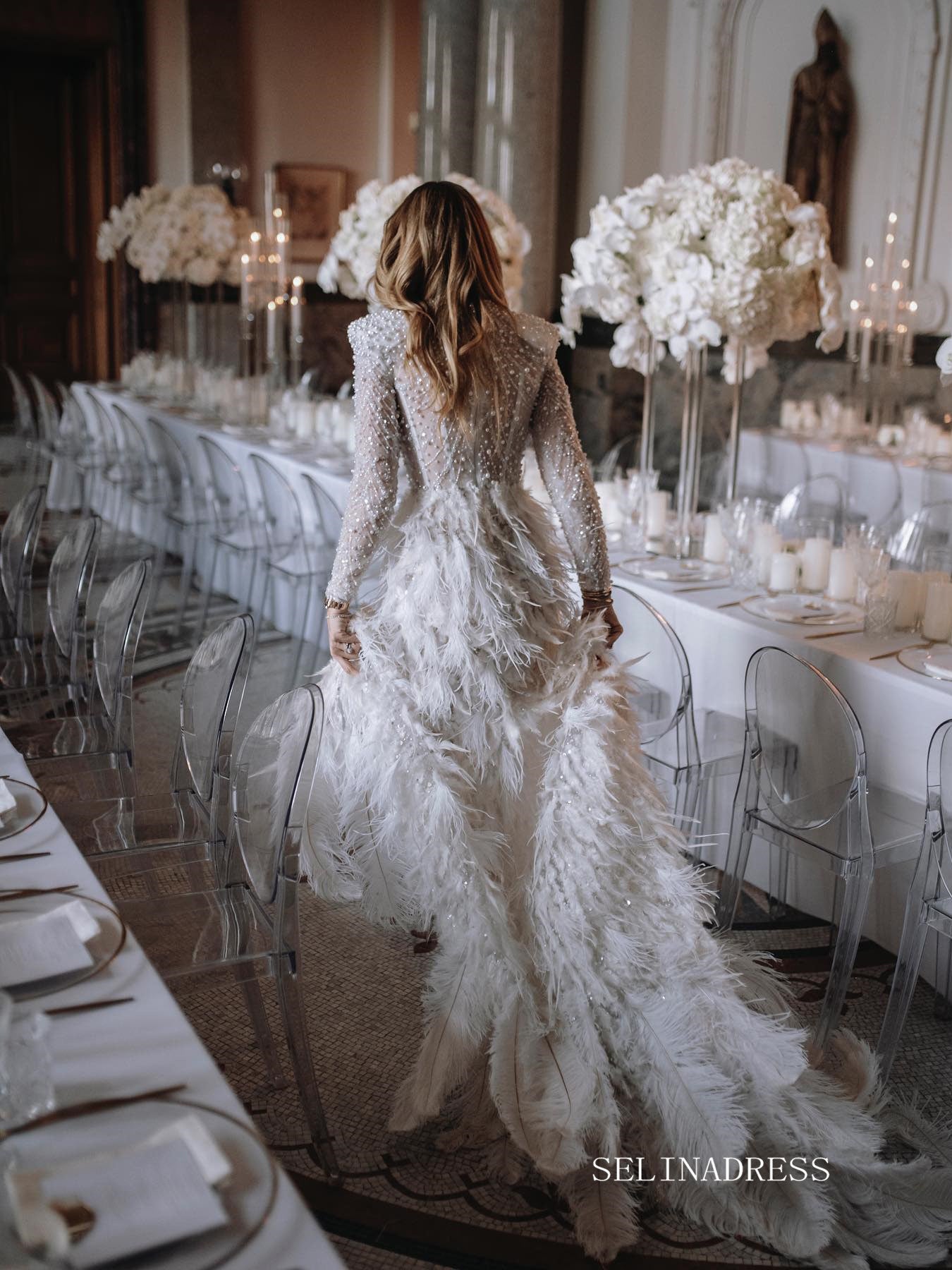 white beaded long sleeve dress Long Sleeve Long Off-White Gown with Beads