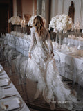 Beaded Long Sleeve Wedding Dresses Feather High Slit Stunning Bridal Dresses LKO002|Selinadress