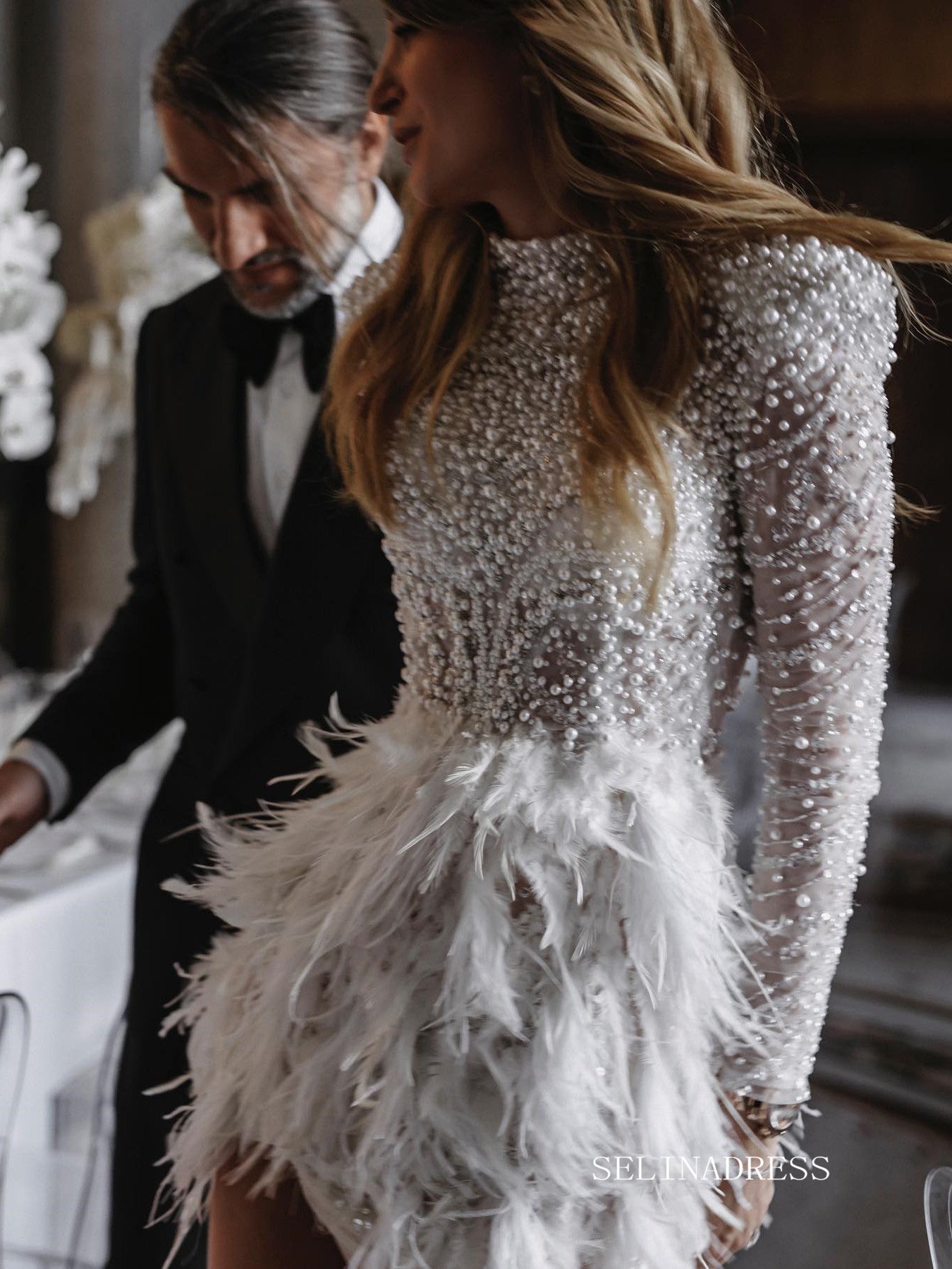 Beaded Long Sleeve Wedding Dresses Feather High Slit Stunning Bridal Dresses LKO002 Beaded Long Sleeve Wedding Dresses Feather High Slit Stunning Bridal Dresses LKO002