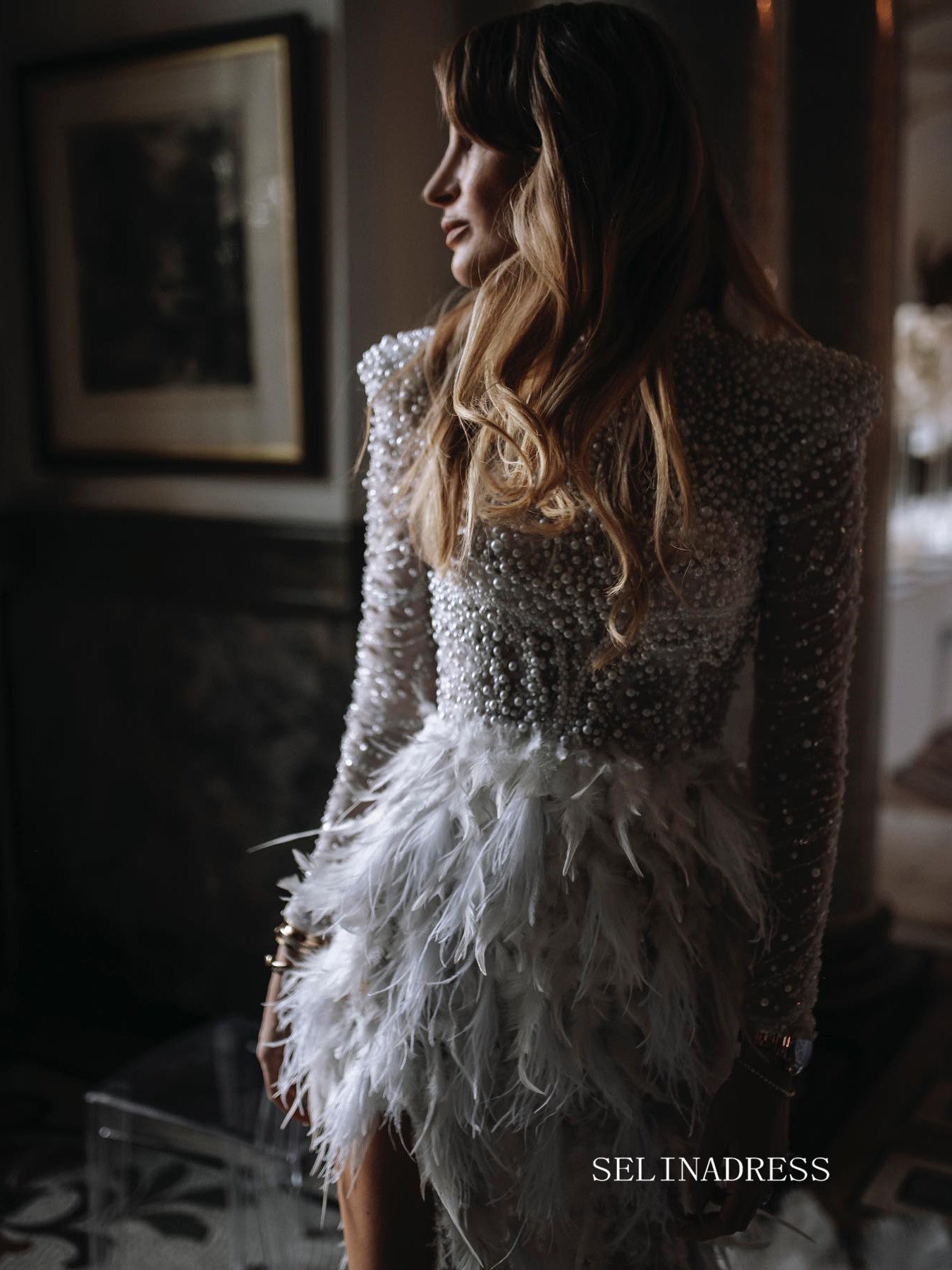 long sleeve feather cocktail dress Jovani 41077 Long Sleeve Mother of the Bride Formal Feather Dress