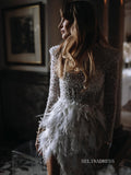 Beaded Long Sleeve Wedding Dresses Feather High Slit Stunning Bridal Dresses LKO002|Selinadress