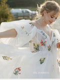 Beautiful White Embroidery Flower Long Formal Gown Cheap Wedding Dresses sea066|Selinadress