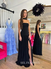 Black Chiffon Elegant Prom Dresses With High Slit Evening Dresses SEA301|Selinadress