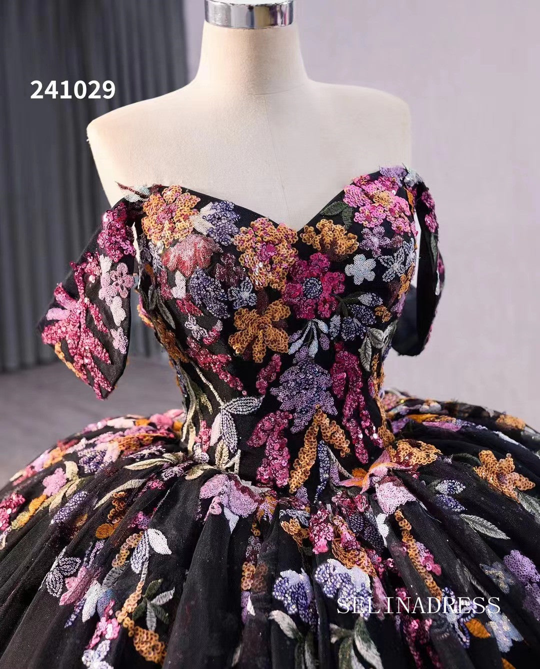 Black Floral Wedding Dress Off the Shoulder Quinceanera Dress 241029 SELINADRESS Black Floral Wedding Dress Off the Shoulder Quinceanera Dress 241029 SELINADRESS