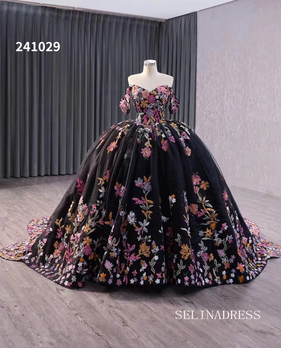 Black Floral Wedding Dress Off the Shoulder Quinceanera Dress 241029 SELINADRESS Black Floral Wedding Dress Off the Shoulder Quinceanera Dress 241029 SELINADRESS