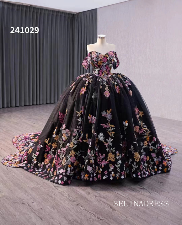 Black Floral Wedding Dress Off the Shoulder Quinceanera Dress 241029|Selinadress