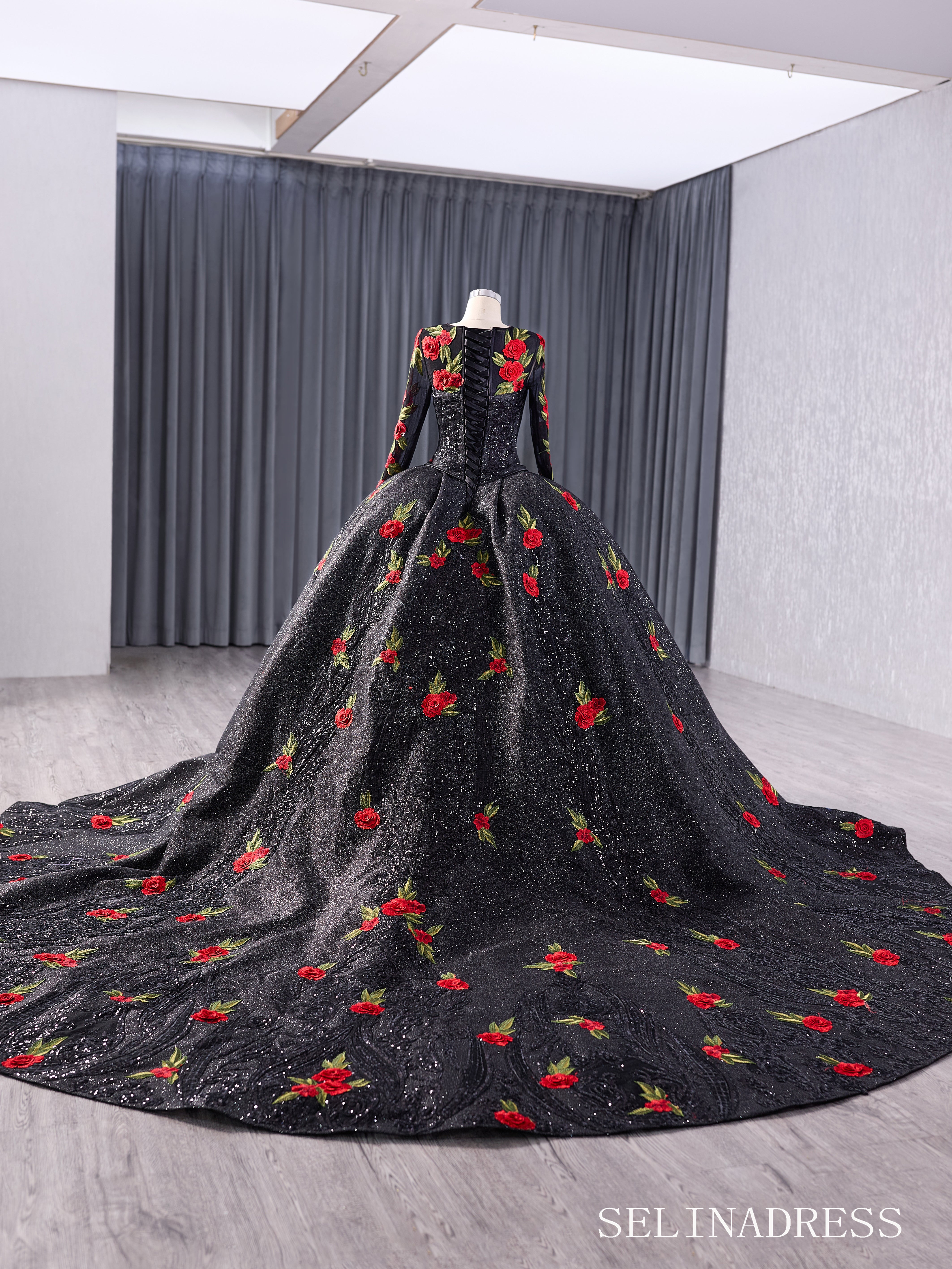 Black Flower Satin Wedding Dress Long Sleeve Quinceanera Dress 241038 SELINADRESS Black Flower Satin Wedding Dress Long Sleeve Quinceanera Dress 241038 SELINADRESS