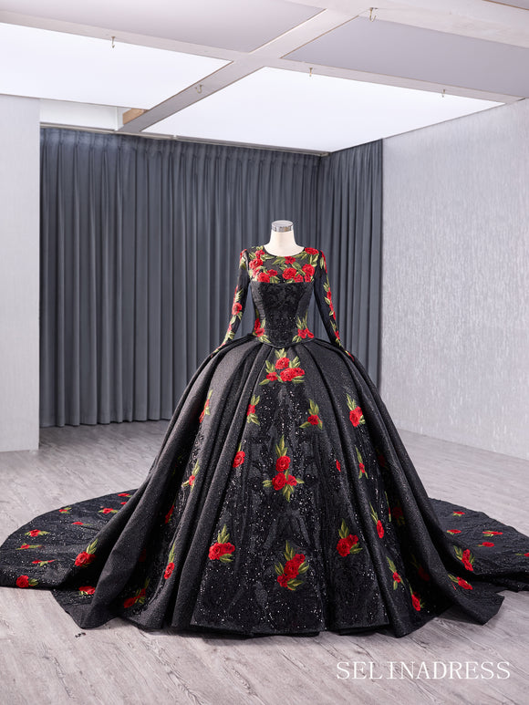 Black Flower Satin Wedding Dress Long Sleeve Quinceanera Dress 241038