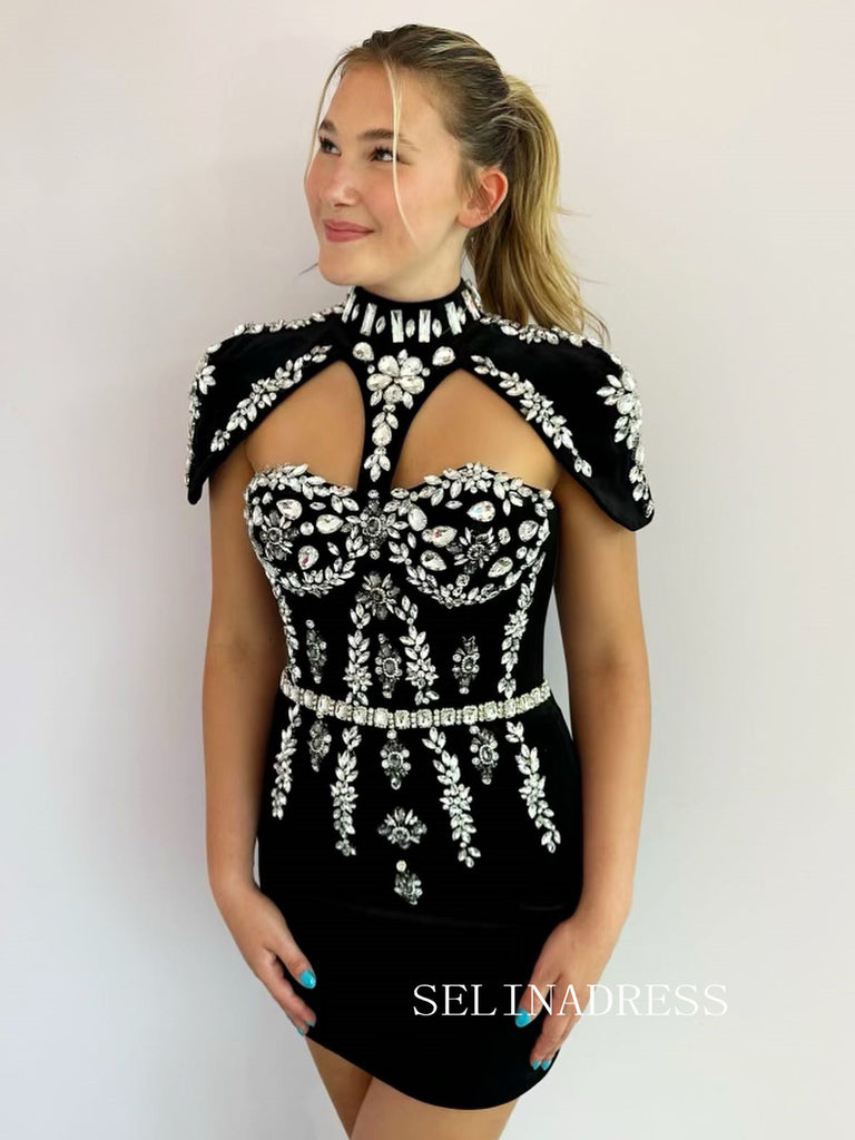 Black High Neck Rhinestone Short Homecoming Dresses Hoco Dress Cocktai – SELINADRESS