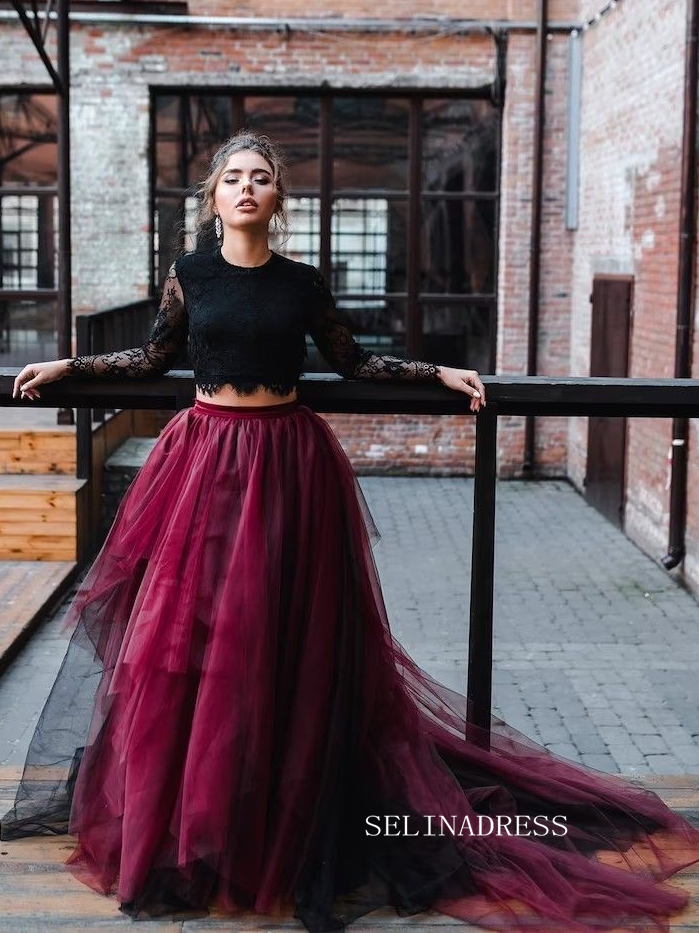 Black Lace Crop Top with Burgundy Tulle Skirt Wedding Gown COK112|Selinadress