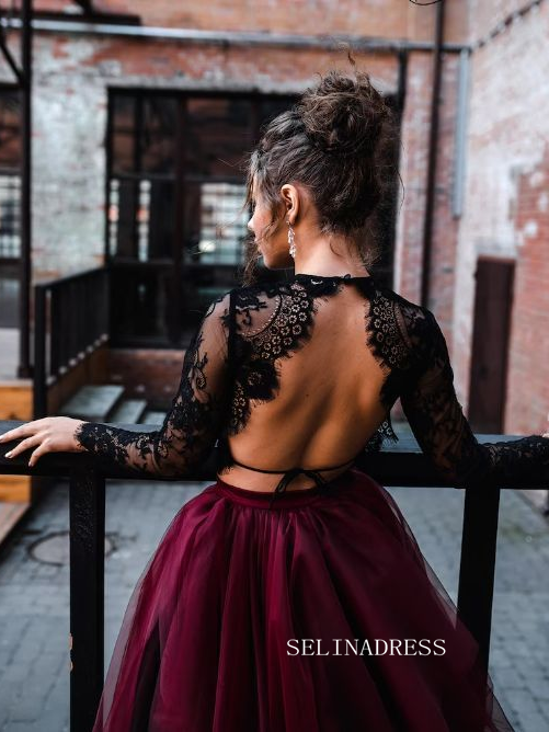 Black Lace Crop Top with Burgundy Tulle Skirt Wedding Gown COK112|Selinadress