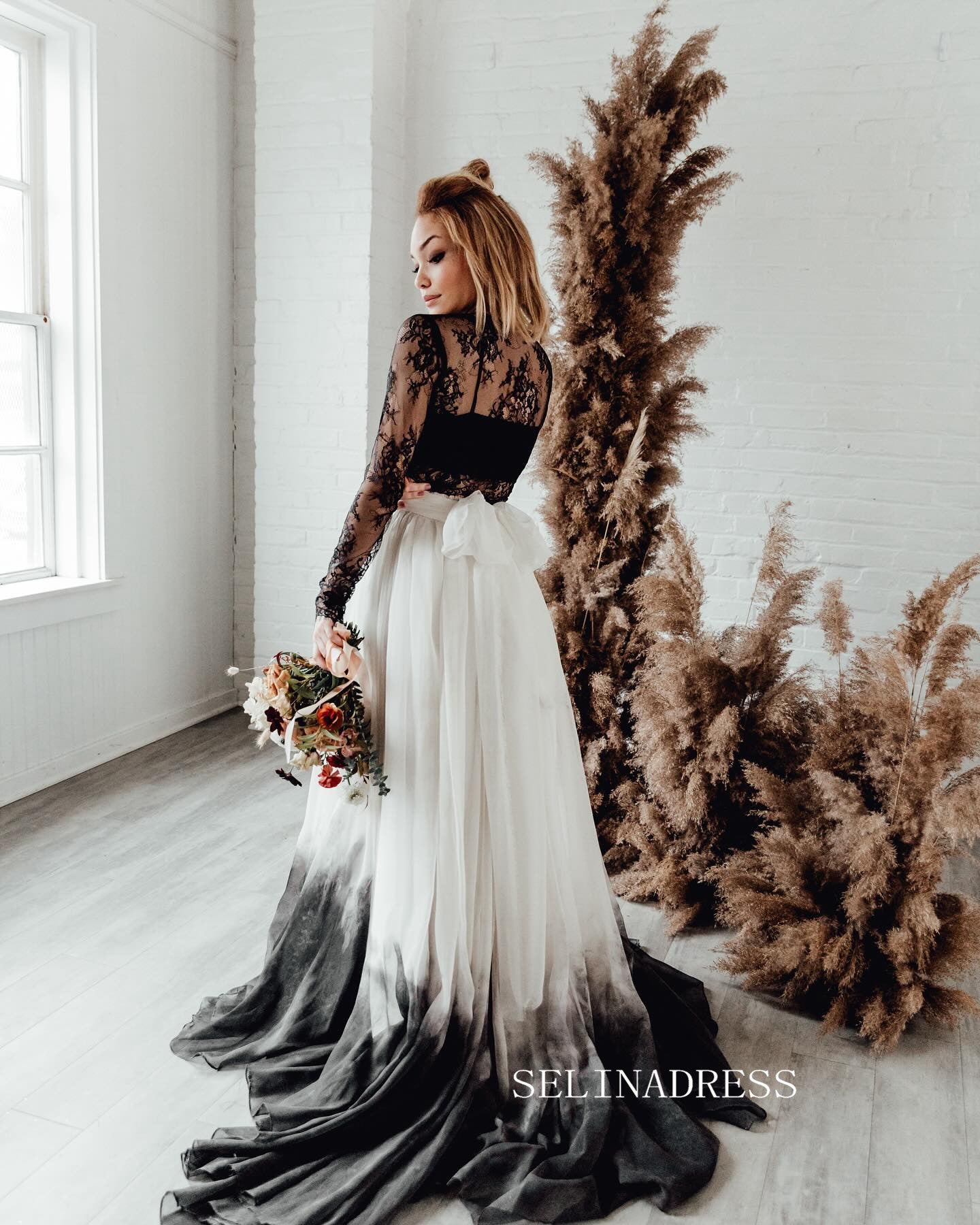 Black Lace Top with Ombre Chiffon Skirt Wedding Gown COK114|Selinadress
