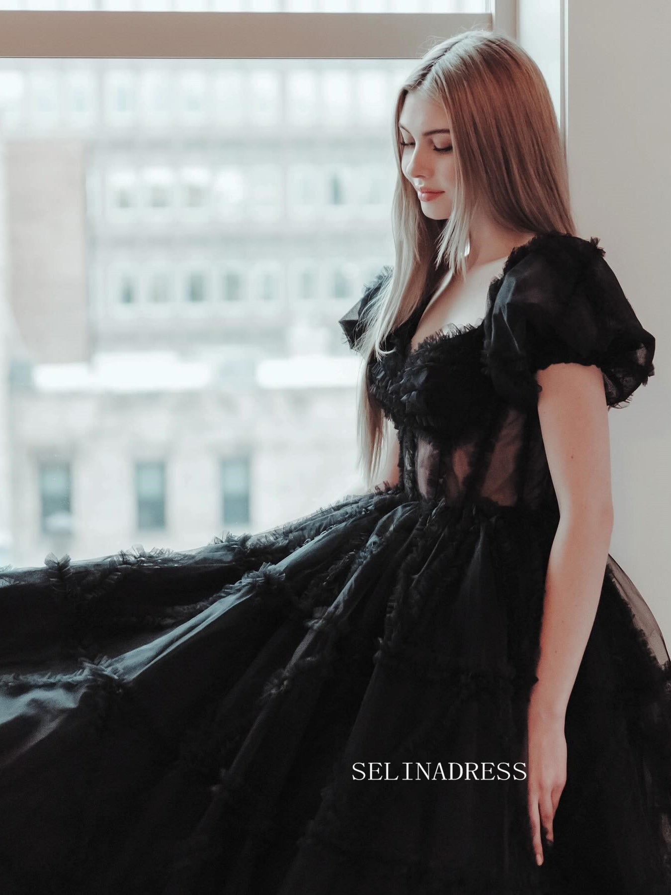 Black Off-the-shoulder Ruffles Long Prom Dress Evening Dress sew1045 SELINADRESS Black Off-the-shoulder Ruffles Long Prom Dress Evening Dress sew1045 SELINADRESS