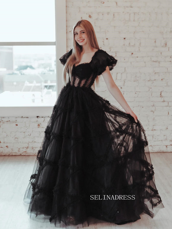 Black Off-the-shoulder Ruffles Long Prom Dress Evening Dress sew1045|Selinadress