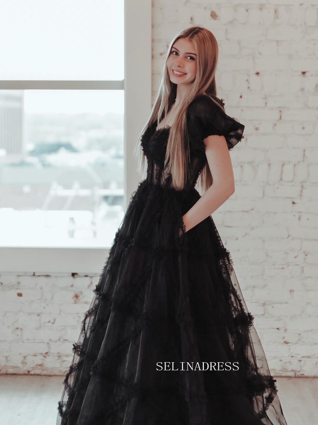 Black Off-the-shoulder Ruffles Long Prom Dress Evening Dress sew1045 SELINADRESS Black Off-the-shoulder Ruffles Long Prom Dress Evening Dress sew1045 SELINADRESS