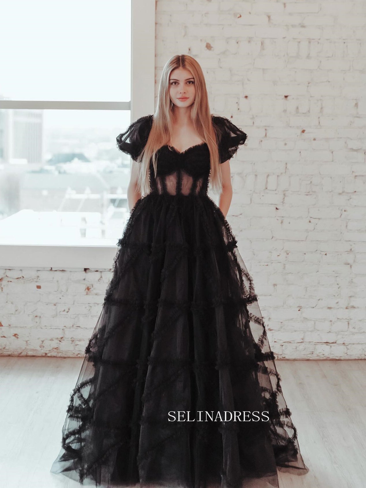 Black Off-the-shoulder Ruffles Long Prom Dress Evening Dress sew1045 SELINADRESS Black Off-the-shoulder Ruffles Long Prom Dress Evening Dress sew1045 SELINADRESS