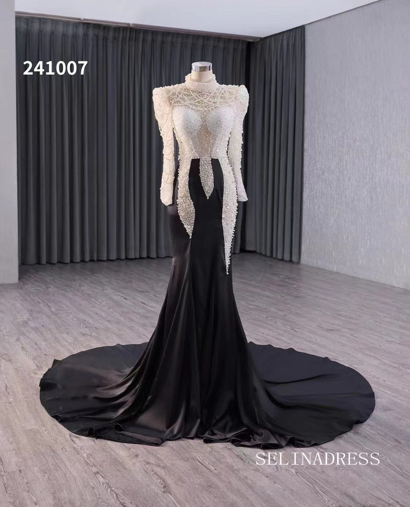 fitted lace wedding dress Black Pearl Beaded Satin Wedding Dress Mermaid Long Sleeve Pageant Dre –  SELINADRESS