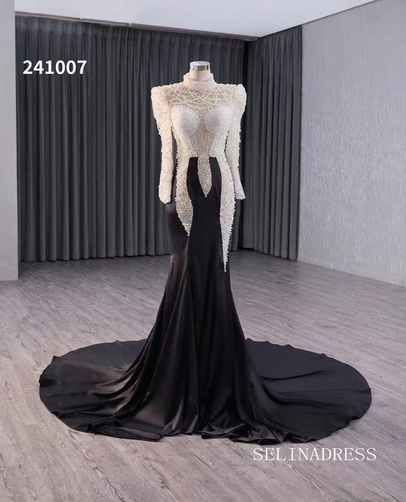 Black Pearl Beaded Satin Wedding Dress Mermaid Long Sleeve Pageant Dress 241007|Selinadress