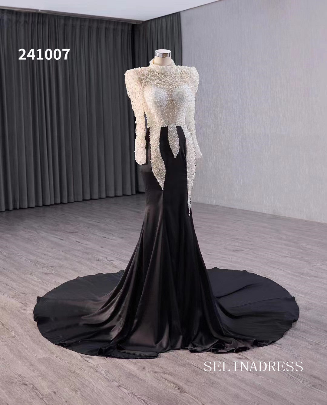 Black Pearl Beaded Satin Wedding Dress Mermaid Long Sleeve Pageant Dre SELINADRESS Black Pearl Beaded Satin Wedding Dress Mermaid Long Sleeve Pageant Dre SELINADRESS