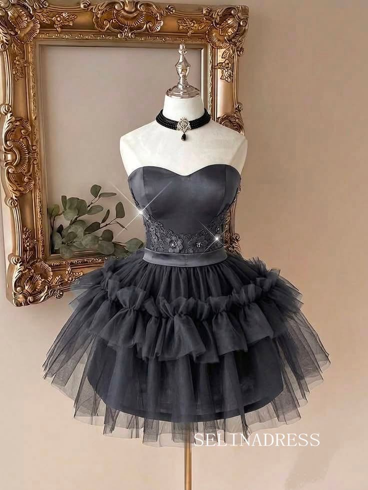 Black Sweetheart Neckline Tulle Short Prom Dress Evening cok077|Selinadress