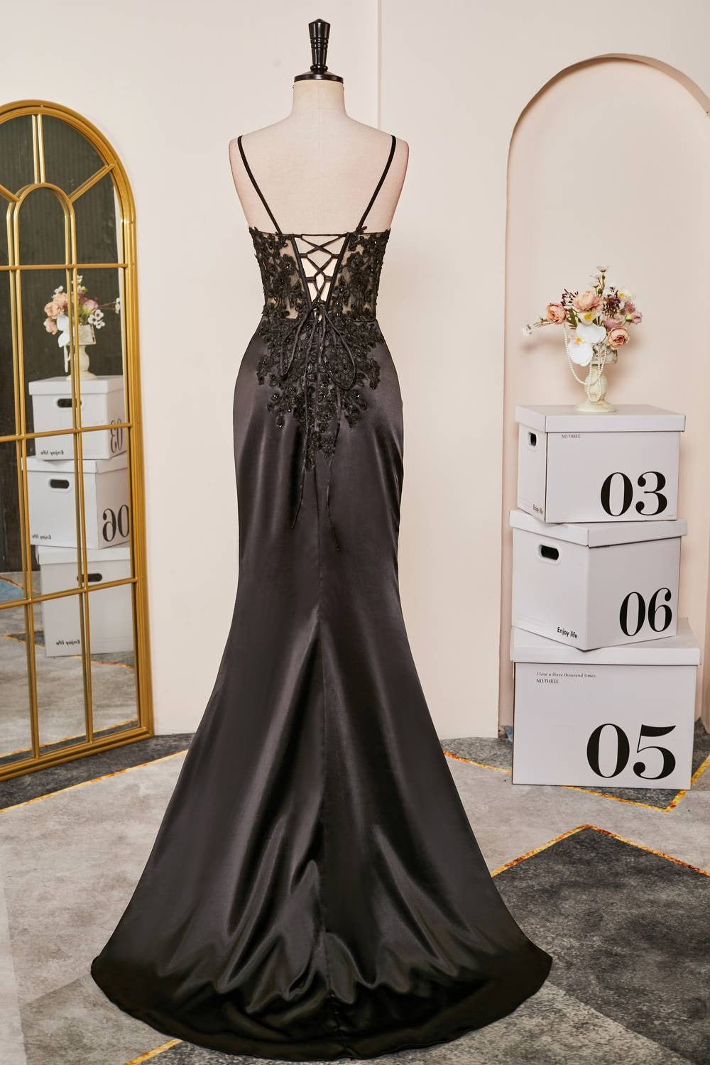 Black V-Neck Sheer Lace Corset Mermaid Prom Dress with Slit ALI252 SELINADRESS Black V-Neck Sheer Lace Corset Mermaid Prom Dress with Slit ALI252 SELINADRESS