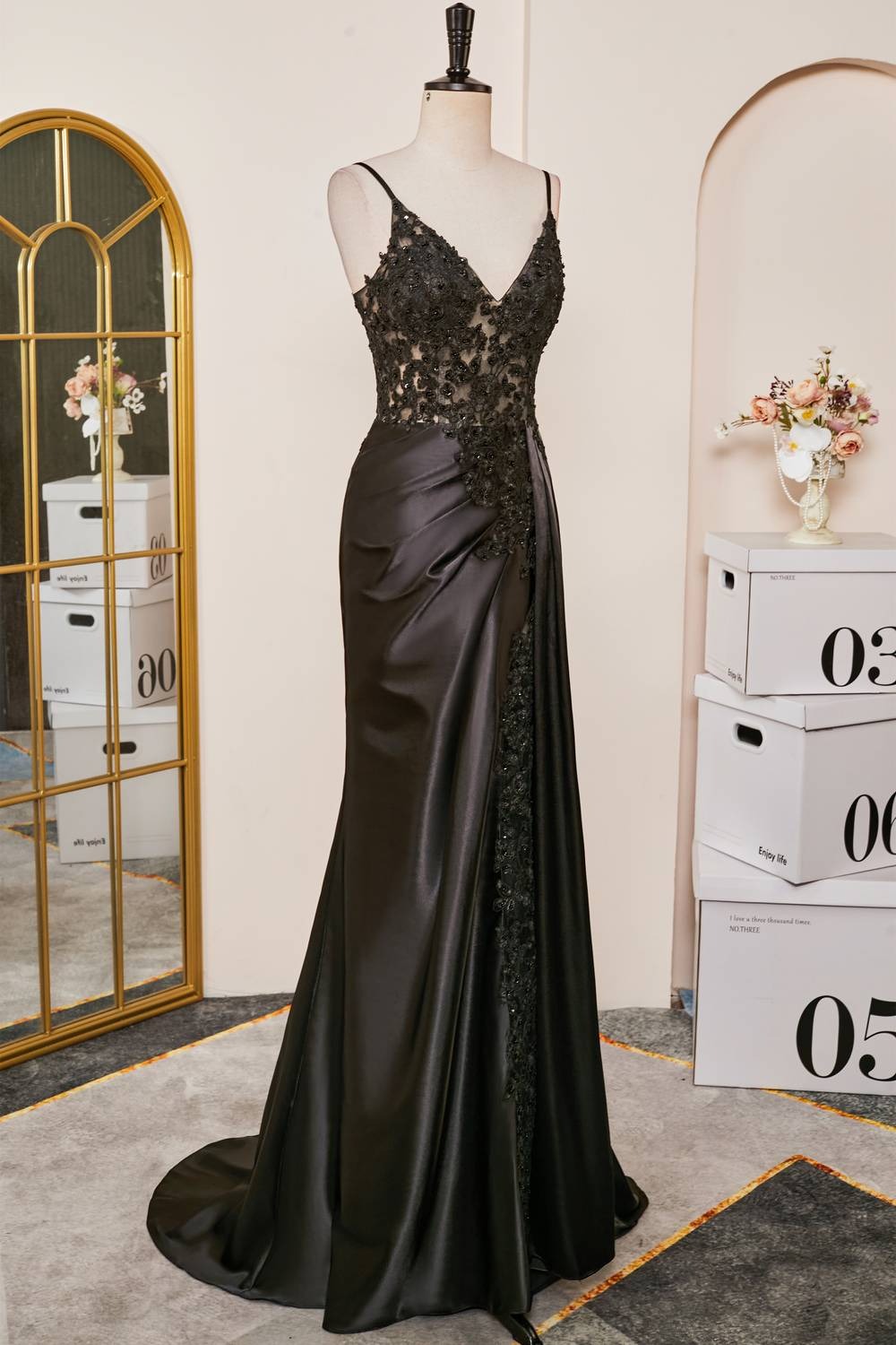 Ali 252 Black V-Neck Sheer Lace Corset Mermaid Prom Dress with Slit ALI252 ...