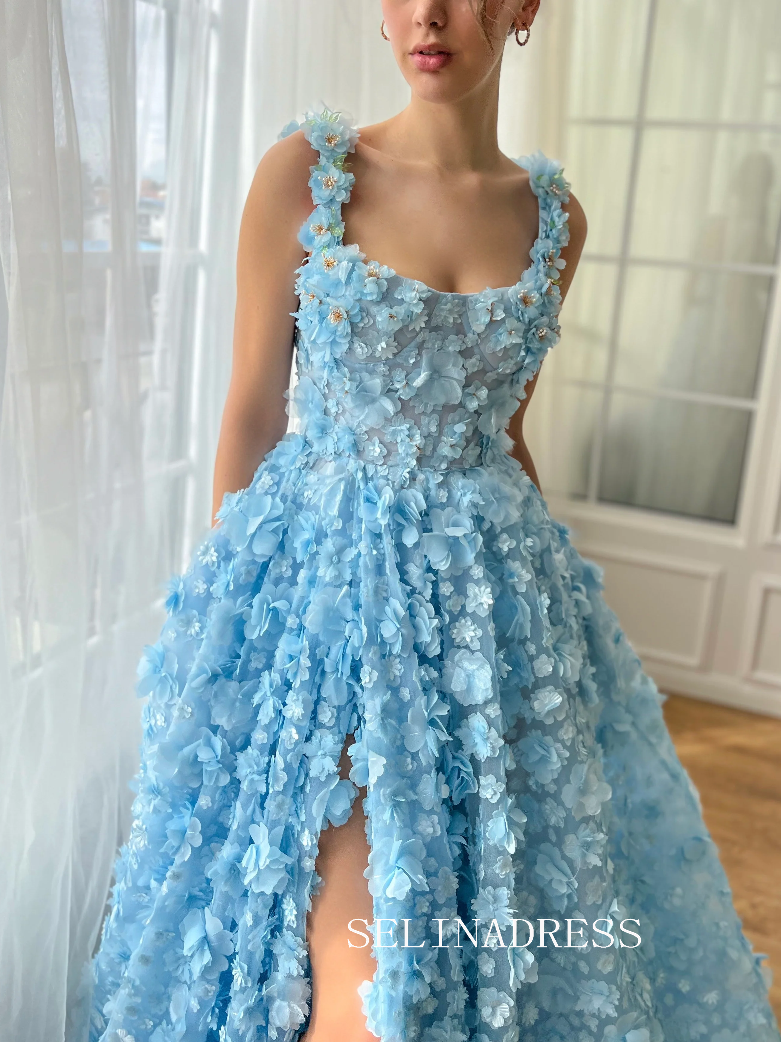 Blue 3D Flower Long Prom Dress Straps Evening Dress With Slit EWR313 SELINADRESS Blue 3D Flower Long Prom Dress Straps Evening Dress With Slit EWR313 SELINADRESS